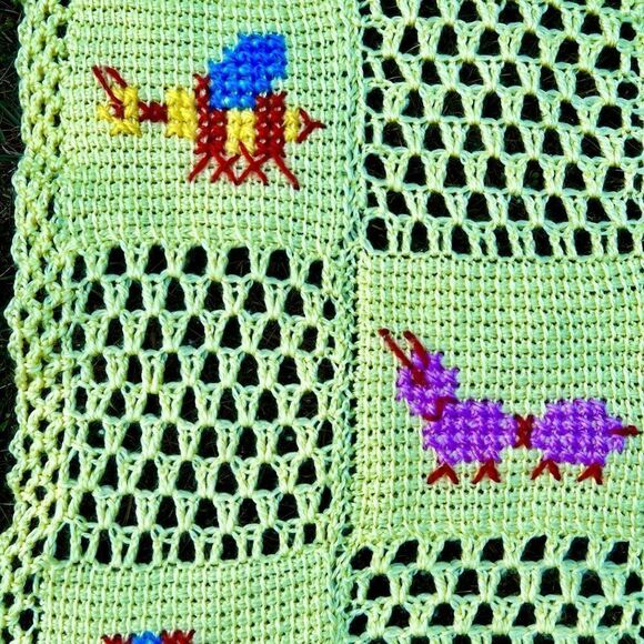 Vtg MCM Handmade Yellow Crotcheted Afghan/Baby Blanket Zoo Animals Squares GVC - Picture 8 of 11